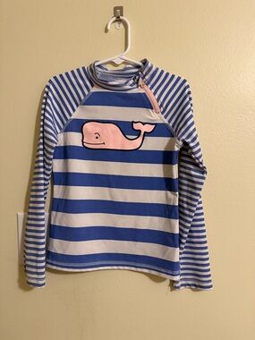 Vineyard Vines Blue & White Striped Rashguard with Pink Whale
